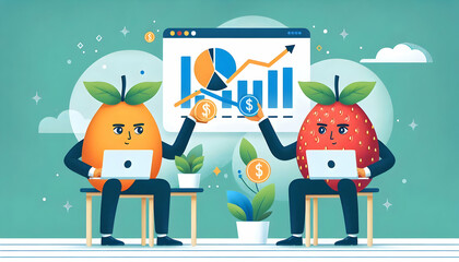 Naklejka premium Flat Fruit Cash Flow Management Concept: Diligent Fruits Analyzing Financial Charts on Laptops, Soft Abstract Bokeh Background, Vector Illustration