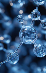 Watery Molecular Structures with Translucent Spheres and Fluid Connections in Blue Tones, Highlighting Hydration, Chemistry, and Scientific Innovation