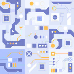 Circuit board technology background. AI semiconductor and computer processor. Abstract polygonal microchip. High-tech circuit board connection system concept. Vector abstract technology illustration.
