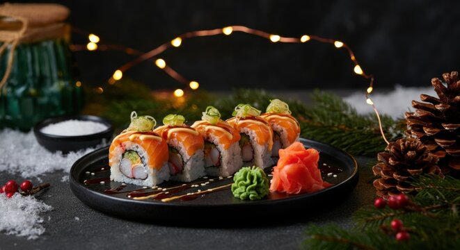 Gourmet sushi rolls with salmon and rice on festive holiday table setting