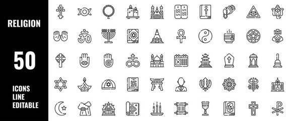 50 Religion Icons Set Pack Line Editable Vector Illustration