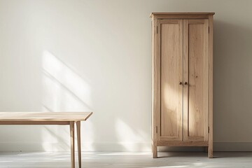 This is a picture of furniture with wooden tables and cabinets. Generative AI
