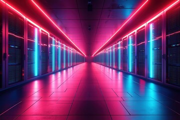 Futuristic server corridor with glowing racks high-tech data center visual content neon environment perspective on innovation