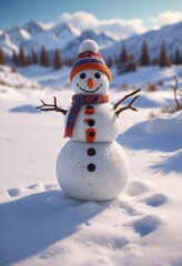 Obraz premium Snowy landscape featuring a small knitted snowman in the distance, frosty atmosphere, isolated object