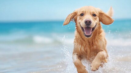 A joyful golden retriever splashes through the water, embodying happiness and playfulness against a serene beach backdrop.