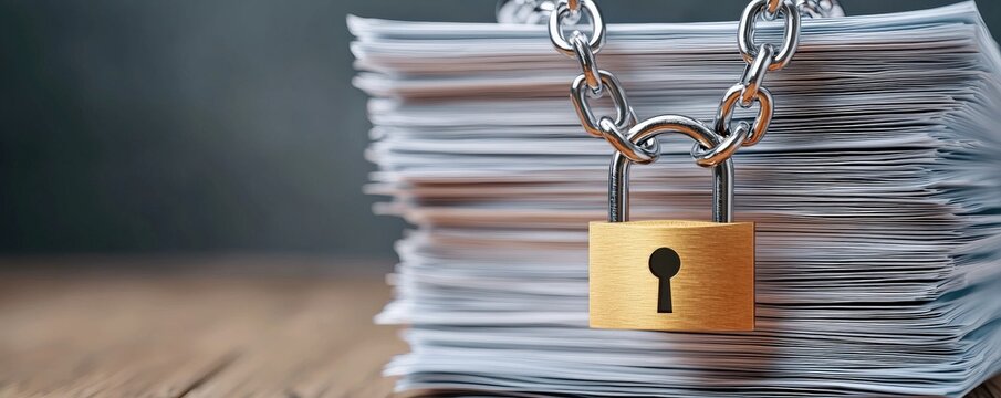 law restriction policy concept. Locked padlock on stacked documents symbolizing security and confidentiality.