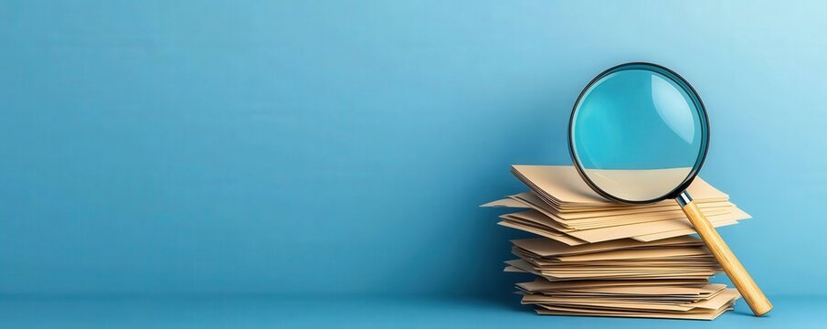 law restriction policy concept. Magnifying glass over stacked papers on a blue background.
