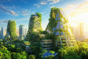 A vibrant and utopian cityscape covered in greenery, solar panels, and futuristic eco-friendly architecture, bathed in warm sunlight and surrounded by a bright blue sky.