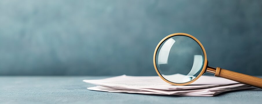 law restriction policy concept. Magnifying glass resting on a stack of papers against a textured background.