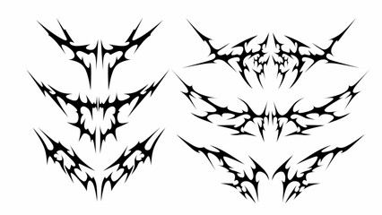 Set of tribal abstract shapes with a stiff touch. Set of Symmetrical neo tribal sigilism Pattern Cyber ​​Gothic vector Elements in Abstract White 
