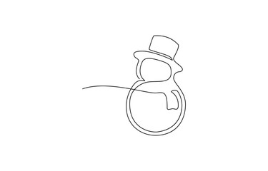 Continuous line art drawing a smiling snowman, A cute smiley snowman drawn in continuous line art with a white background, Snowman continuous one line art style vector illustration.