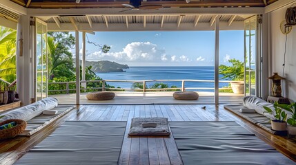 Fototapeta premium Scenic Coastal View from Serene Interior with Yoga Mats and Natural Light
