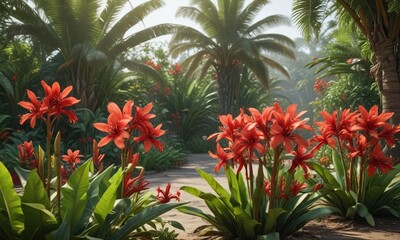 Fototapeta premium A lush garden bed filled with red banana blossoms swaying gently in the morning breeze amidst other tropical flowers, flowers blooming , plant foliage, morning light