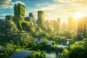 Naklejka premium A vibrant and utopian cityscape covered in greenery, solar panels, and futuristic eco-friendly architecture, bathed in warm sunlight and surrounded by a bright blue sky.