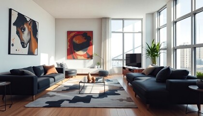 A modern living room with large windows, a black sofa, a coffee table, and artwork on the walls.