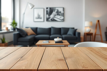 Empty wooden table top with blurred living room interior background. Space for product display and montage.