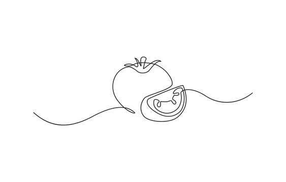recommend clip art: Continuous one line tomato for grocery store, Tomato in continuous line art drawing style. Ripe tomato fruit black linear sketch isolated, Single one line drawing half sliced healthy organic tomato.