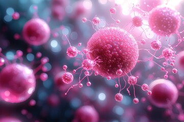 Glowing soft pink spherical organisms in high fidelity science lab digital art microscopic view futuristic concept