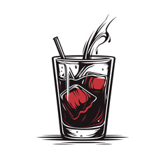 Stylized glass of dark red liquid with ice cubes and straw.