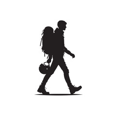 a man walking while holding a backpack and a helmet silhouette vector illustration