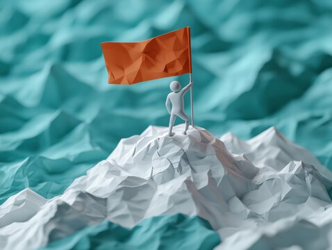 Humans celebrating triumph mountaintop digital artwork majestic landscape elevated perspective symbol of achievement