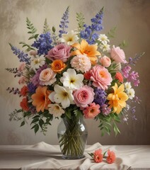 Fototapeta premium Beautifully arranged bouquet in an oil painting on canvas with soft colors, beautiful, flowers arrangement