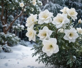 Frosty evergreen branches intertwined with snow-white roses and amaryllis , seasonal decoration, flowers
