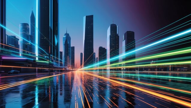 Fototapeta Optical Fiber Network Connection in City Night View