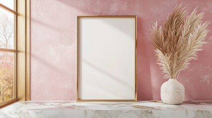 Simple frame mockup placed in the center of a pink room with golden details, resting on a marble pedestal against a geometric backdrop.
