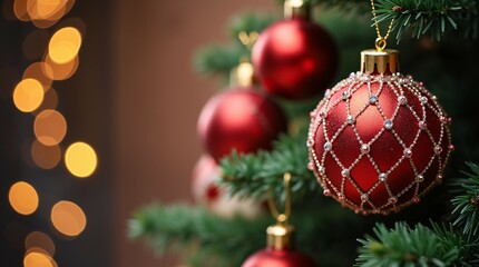 Close-up of Christmas Tree with Baubles and Lights.