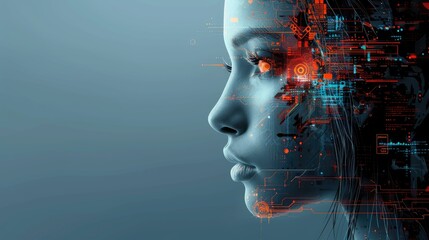 A futuristic profile of a woman blended with digital circuitry and glowing elements.