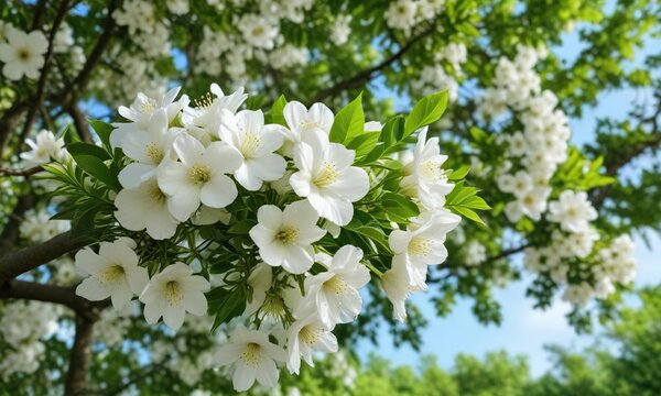 White flowers of the Bael tree in full bloom on a lush green foliage background , tree, green, vibrant