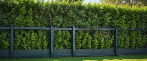 Fototapeta premium A beautiful row of thujas near a rustic green sheet metal fence, outdoor garden, shrubs, rustic fence