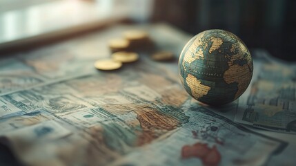 Naklejka premium Global Investment Concept with Globe and Currency on Map Background