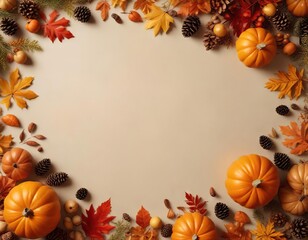 Fototapeta premium autumn flat lay with pumpkins pine cones and fall leaves on beige background, arrangement, decoration, fall colors