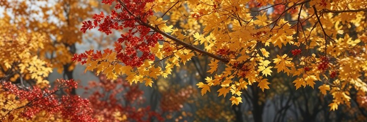Autumn yellow maple leaves against a backdrop of a full barberry bush with bright red berries, barberry, autumn foliage