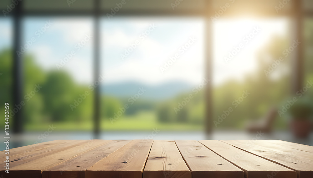 Poster wooden table sits empty in front of a blurred large window showing an expansive outdoor landscape vi