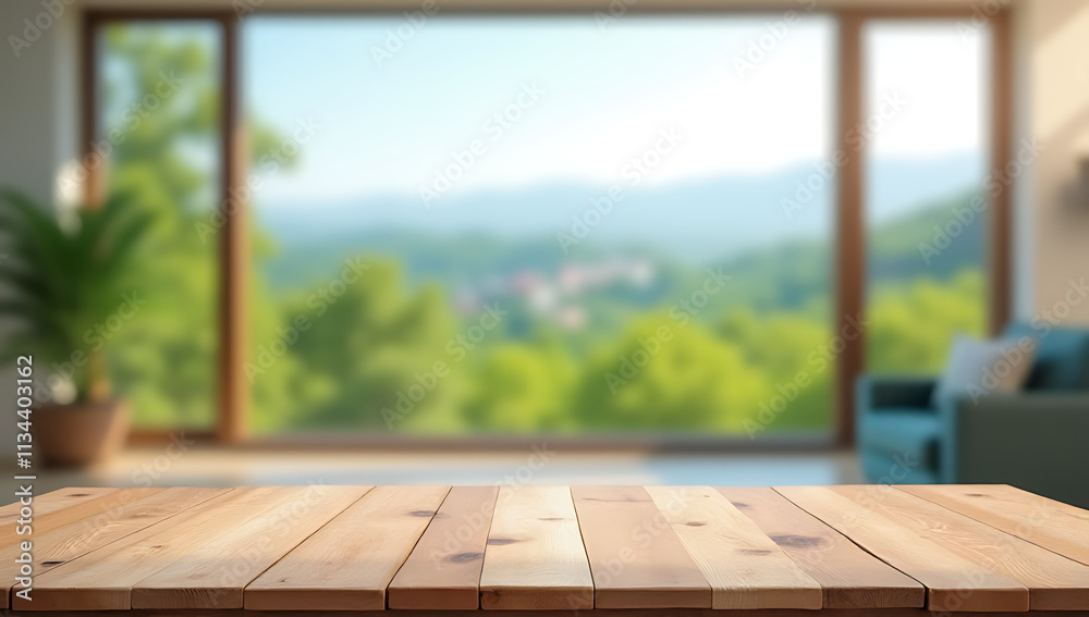 Poster wooden table sits empty in front of a blurred large window showing an expansive outdoor landscape vi