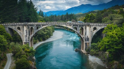 Serene bridge spans the tranquil river beneath dramatic mountains in a lush green landscape