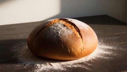 Freshly baked round loaf of bread dusted with flour on a wooden surface in warm light