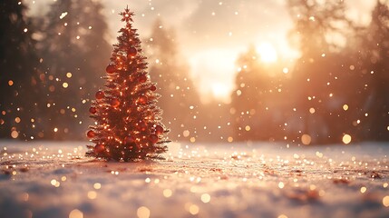 Obraz premium Decorated Christmas Tree In Snowy Winter Sunset