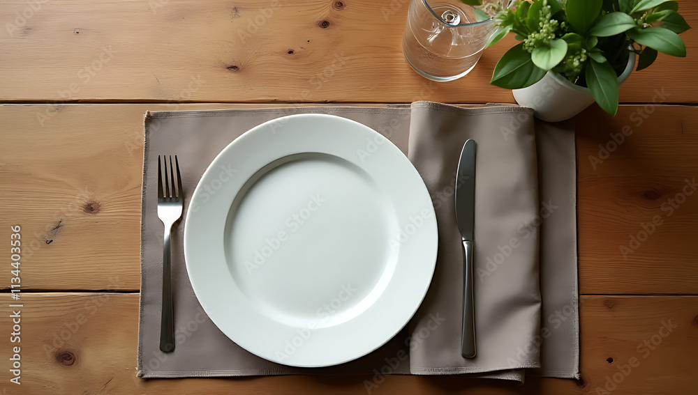 Poster Wood table setting with napkin or fabric and clipping path for design key visuals and backgrounds._00002_