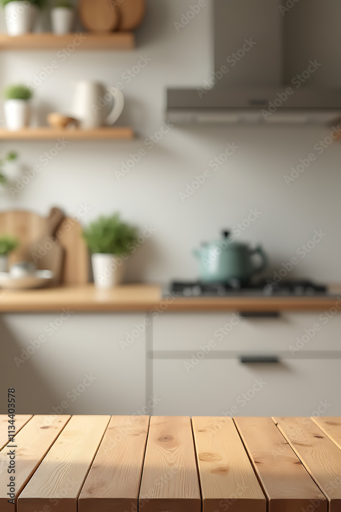 Poster wood table top placed in a blurred kitchen room background for product display or key visual layouts