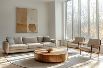 Minimalist, modern Scandinavian interior design in the living room with sofa and wood table. Generative AI

