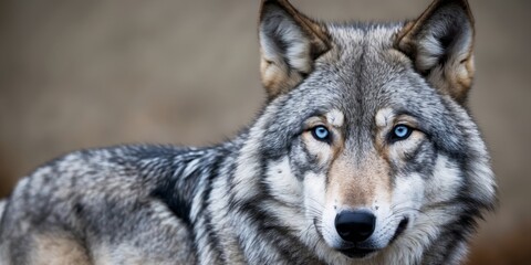 Fototapeta premium Closeup of a Wolf's Face with Striking Blue Eyes