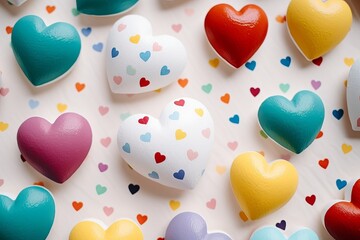 Fototapeta premium Colorful heart shapes scattered on a playful background creating joyful vibes. Generative AI