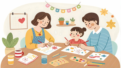 Joyful Family Crafting Together at Dining Table Showcasing Collaboration and Creativity with Copy Space Below