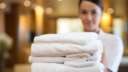 Towels in the hands of the maid. Cleaning the hotel room. Copy space. The concept of the hotel business.