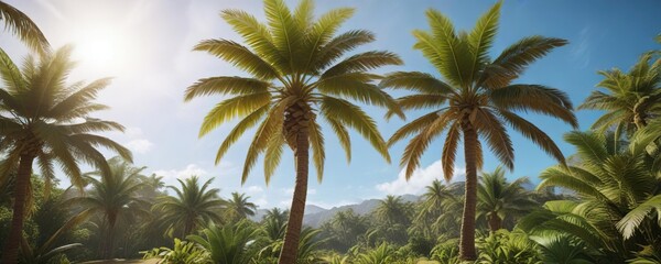 Inflatable palm tree complete with realistic brown trunk and green fronds in a tropical landscape, fronds, nature