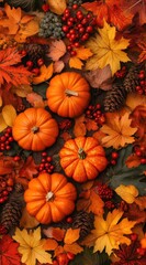 Fototapeta premium Fall pumpkins, cones, and leaves.